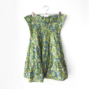 Vintage Green Blue Floral Y2K Smocked Strapless Tube Top Dress XL